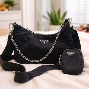 Prada Re-Edition 2005 Black Nylon Shoulder Bag w/ Chain & Mini Pouch